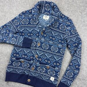 Bellfield Sweater Mens Small Blue B‎ Adrian Cardigan Shawl Collar Fair Isle Wool